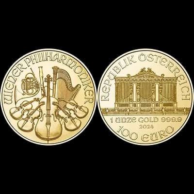 De voorkant en achterkant van de Philharmoniker gouden munt