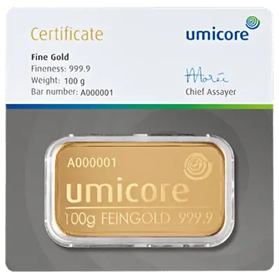 Goudbaar 100 gram verkopen van Umicore bij Goudzaken